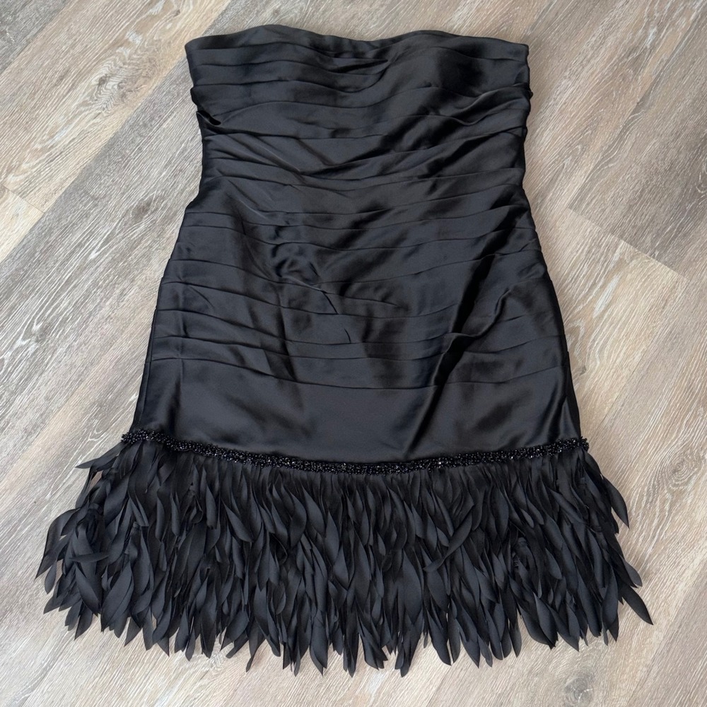 JS Collections Womens Black Strapless Pleated Feather Trim Cocktail Dress 14